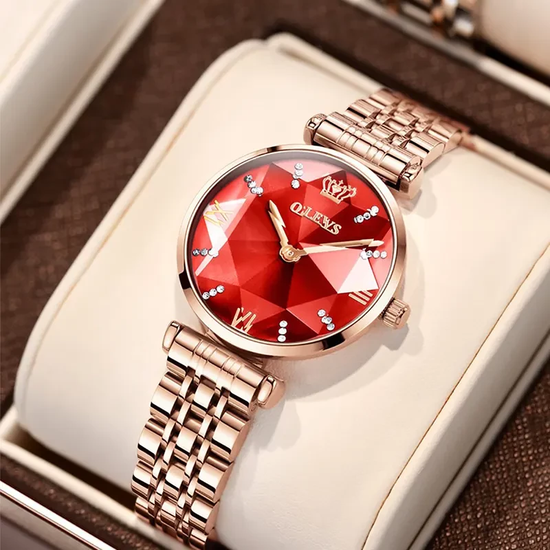Olevs Luxury Red Diamond Dial Rose Gold Ladies Watch | 6642